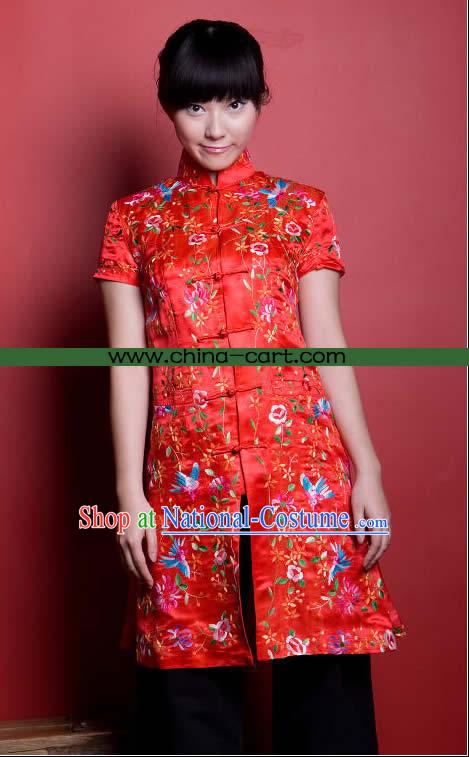 Traditional Chinese Stunning Hand Embroidered Flower Garment _red_