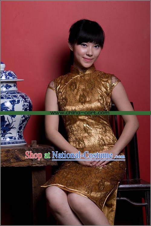 Chinese Stunning Gold Floral Cheongsam