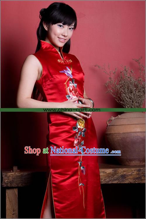 Stunning Mandarin Lucky Red Hand Embroidered Long Cheong-sam _Qipao_