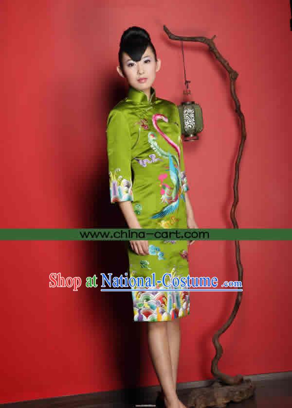 Stunning All Hand Embroidery Phoenix Red Silk Cheongsam _grass green_