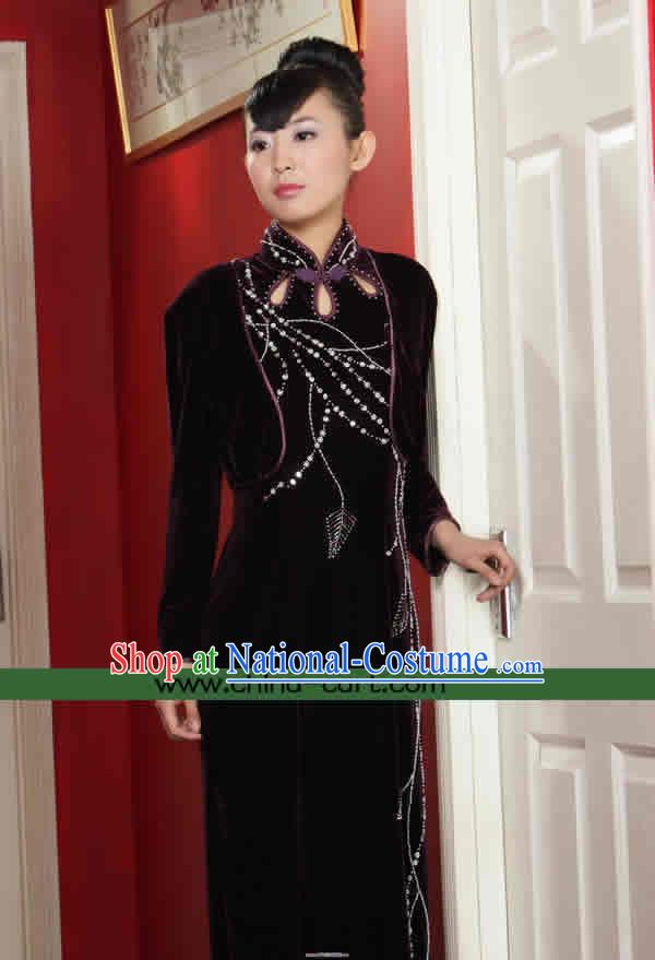 Supreme Chinese Stunning Velour Long Cheongsam