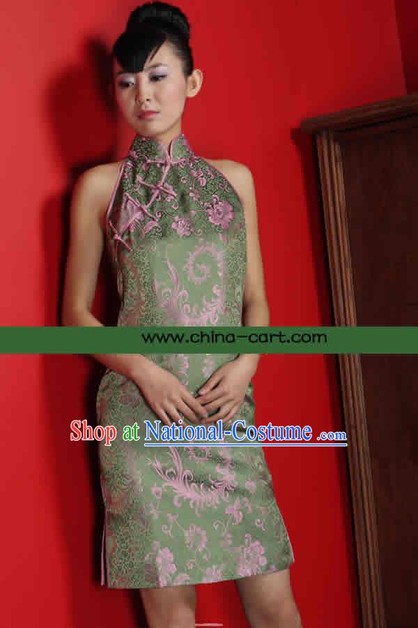 Classical Green Phoenix Tail Silk Cheongsam