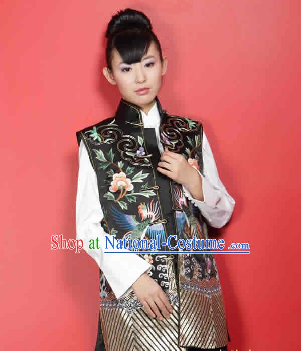 Stunning Supreme Chinese Mandarin All Hand Embroidery Phoenix Silk Cheongsam _black_