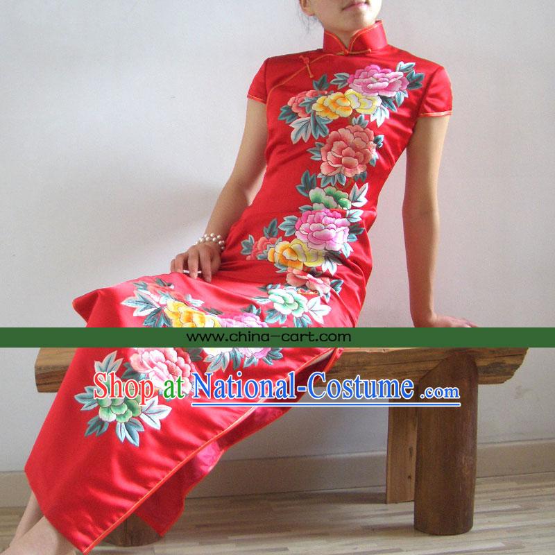 Stunning Chinese Supreme All Hand Embroidery Flower Red Silk Cheongsam _red_