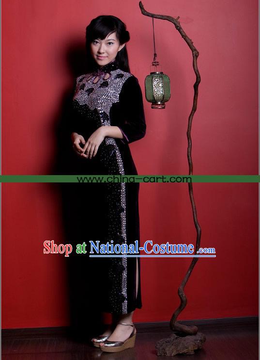 Supreme Chinese Stunning Stars Velour Long Cheongsam