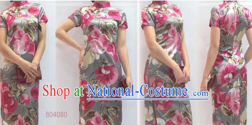 Chinese Classical Pink Floral Silk Cheongsam _Qipao_