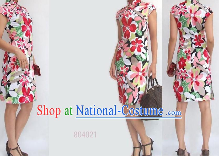 Chinese Mandarin Colorful Flower Cotton Cheongsam _Qipao_