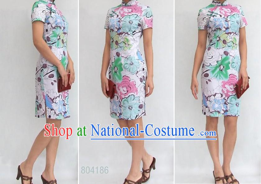 Chinese Stunning Three Colors Flower Cotton Cheongsam _Qipao_