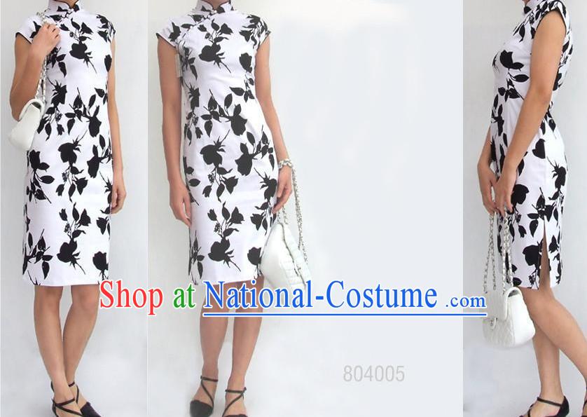 Chinese Traditional White and Black Cotton Cheongsam _Qipao_