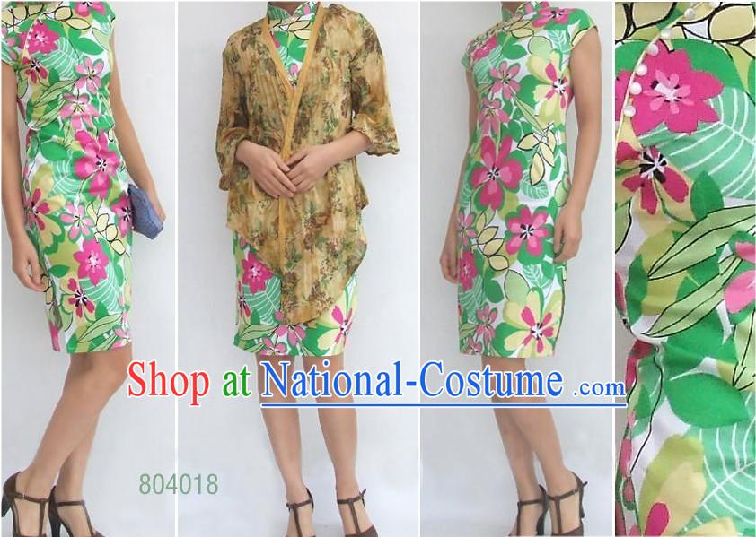 Chinese Traditional Mandarin Flower Green Cotton Cheongsam _Qipao_