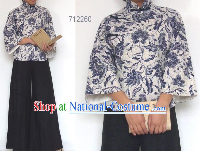 Chinese Traditional Mandarin Cotton Blouse - Blue and White Porcelain