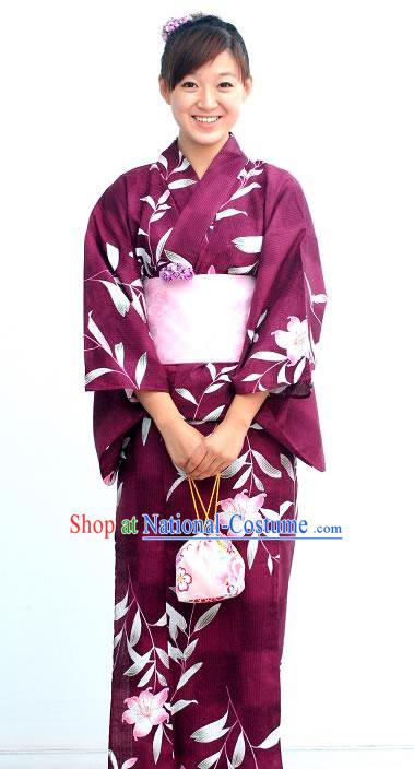 Traditional Purple Flowery Japanese Kimono Handbag and Geta Full Set