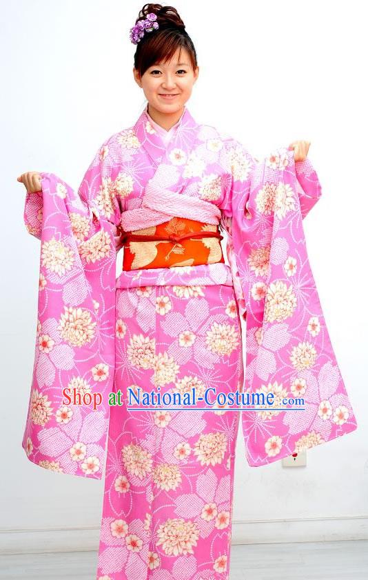 Traditional Pink Flowery Japanese Kimono Handbag and Geta Complete Set