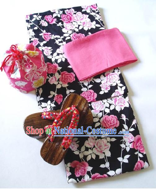 Traditional Japanese China Rose Kimono Handbag and Geta Full Set