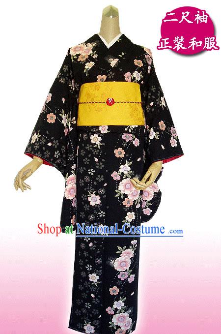 Traditional Japanese Black Flowery Kimono Handbag and Geta Full Set