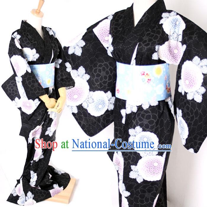 Traditional Japanese Black Kimono and Belt Full Set