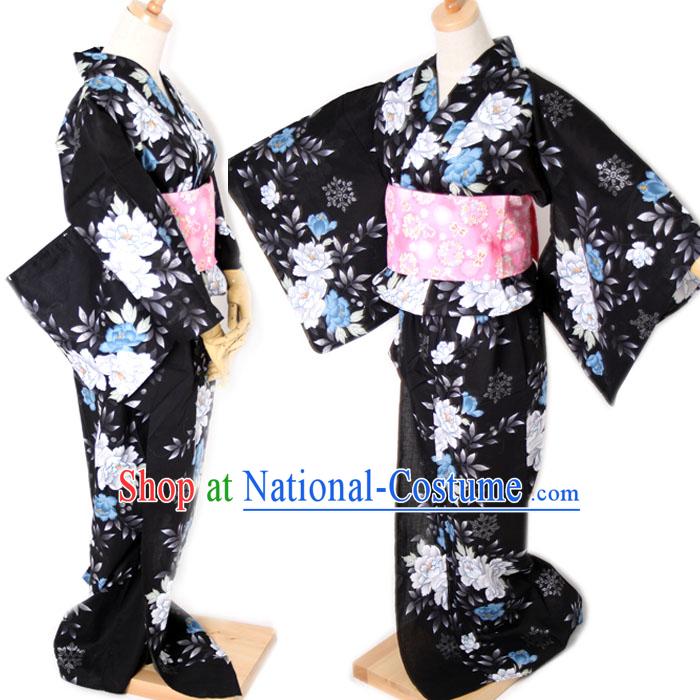 Traditional Japanese Black Kimono and Belt Full Set