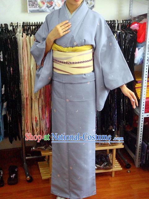 Traditional Japanese Purple Oriental Cherry Kimono and Belt Full Set