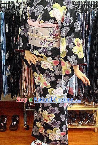 Traditional Japanese Peony Kimono and Belt Full Set