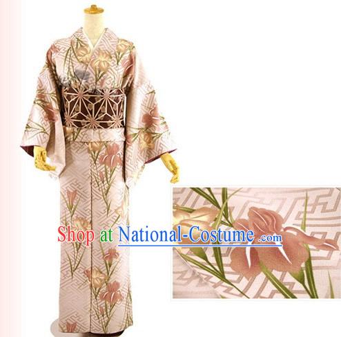 Traditional Japanese Pink Lily Kimono and Belt Full Set