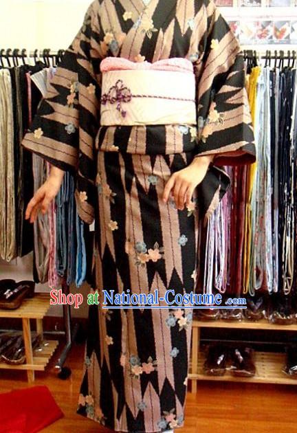 Traditional Japanese Floral Kimono and Belt Complete Set