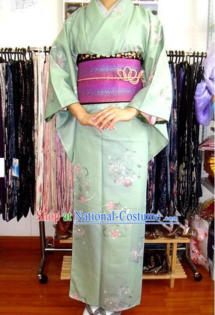 Traditional Japanese Romantic Light Blue Kimono and Belt Complete Set