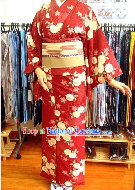 Traditional Japanese Lucky Red Floral Blue Kimono and Belt Complete Set