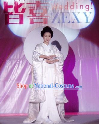 Traditional Japanese Pure White Wedding Kimono and Belt Set