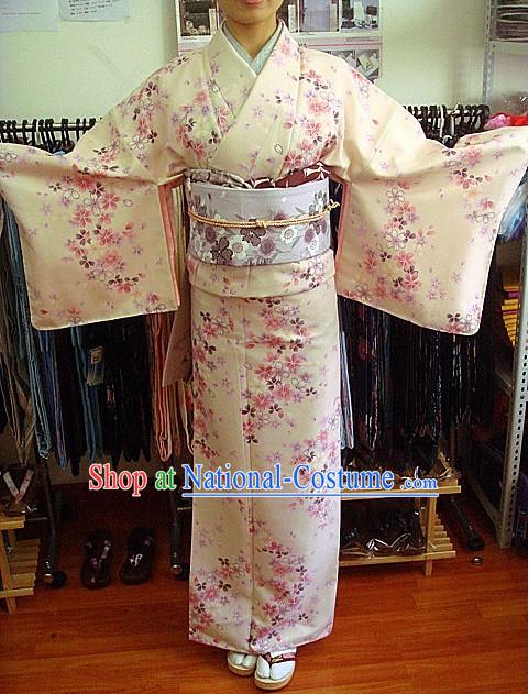 Traditional Japanese Oriental Cherry Kimono and Belt Complete Set