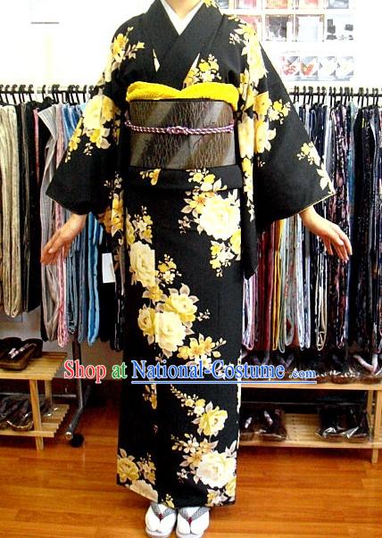 Traditional Japanese Black Peony Kimono and Belt Set