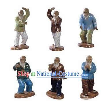 Chinese Traditional Shiwan Tai Chi Ceramic Figurines 6 Pieces Set