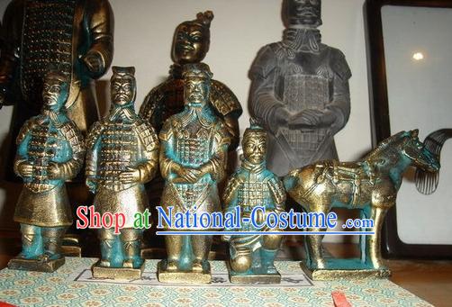 4 Inches Chinese Terra Cotta Warriors 5 Pieces Brass Statues Set