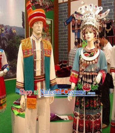 China Tu Minority Traditional Festival Celebration Clothing and Hat Complete Set for Men and Women