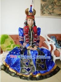 Traditional Mongolian Long Robe and Fur Hat Complete Set