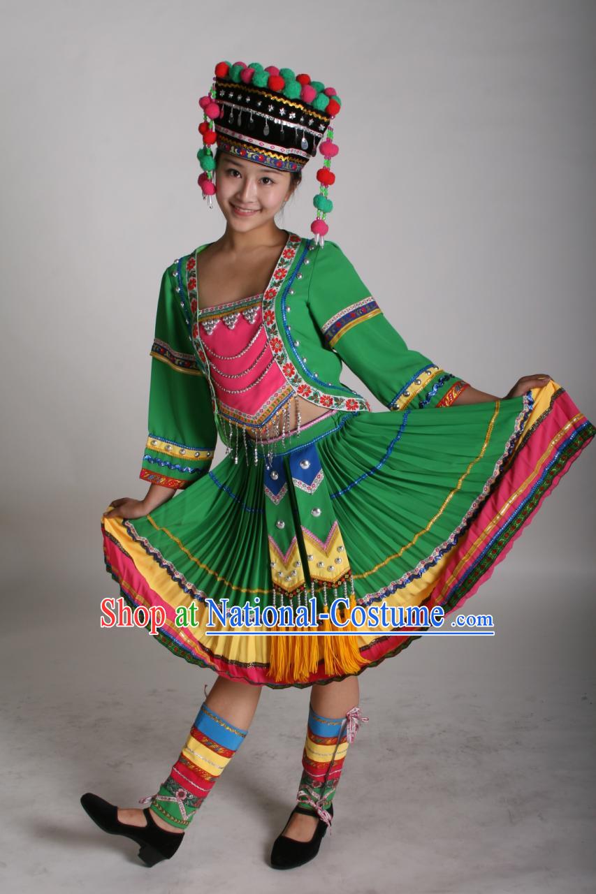 Chinese Traditional Minority Dance Costumes and Hat Complete Set