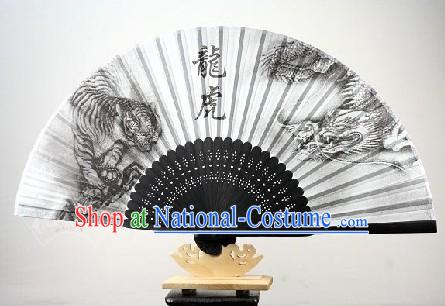 Tiger and Dragon Fighting Silk Fan for Women