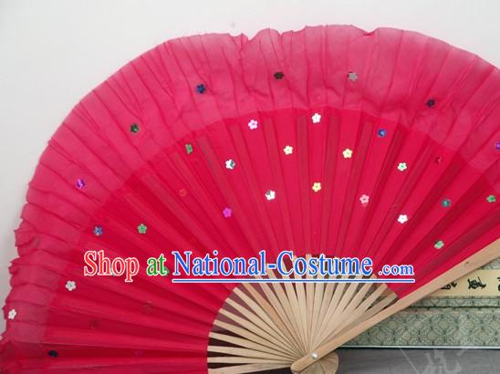 Chinese Bamboo Handle Pure Silk Red Dance Fans with Sequins