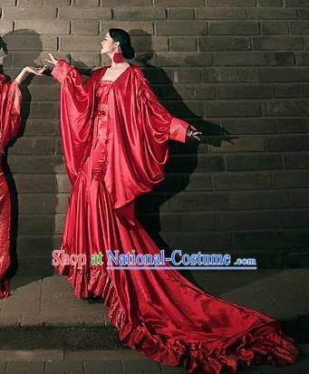 Chinese Classic Red Silk Long Tail Costumes