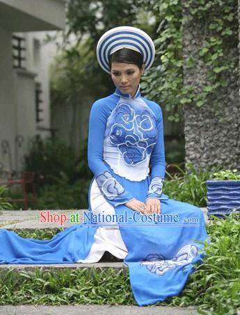 Vietnamese National Long Cheongsam Costume and Hat Set