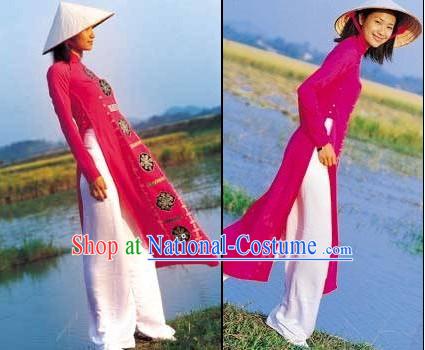 Vietnamese Traditional Ladies Long Cheongsam and Bamboo Hat