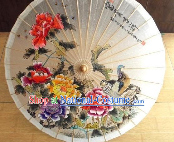 Chinese Hand Painted Mandarin Duck and Peony Umbrella