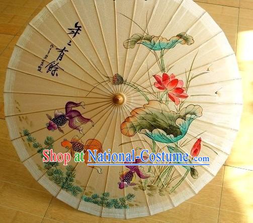 Chinese Hand Painted Goldfish and Lotus Umbrella