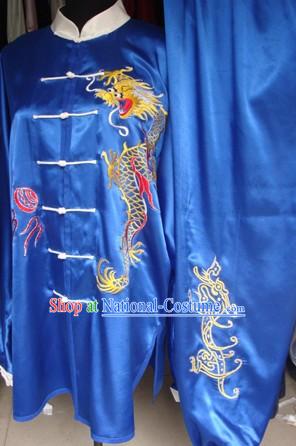 China Martial Arts Tai Chi Embroidered Dragon Blouse and Pants Complete Set for Men