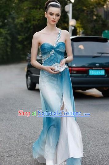 Chinese White to Blue Color Transition Modern Wedding Robe for Women