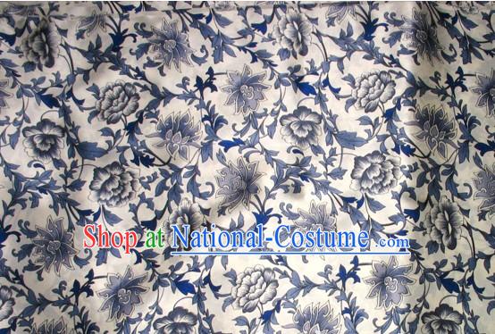 100_ Pure White and Blue Procelain Silk Fabric