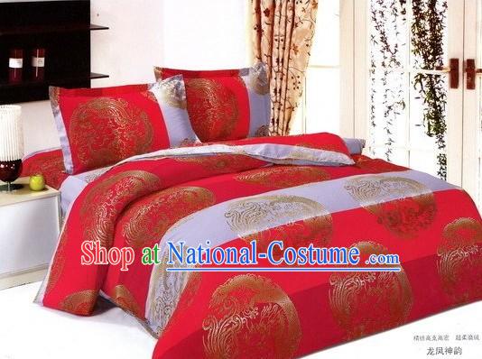 Chinese Red amd White Traditional Wedding Dragon Phoenix Bedding Set