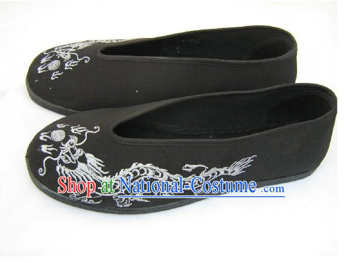 Chinese Hand Made Folk Dragon Black Cloth Shoes _ Men Dragon Shoes