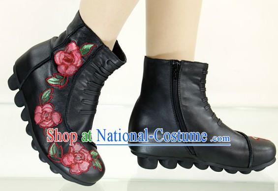 Chinese Sheepskin Embroidered Peony Boots