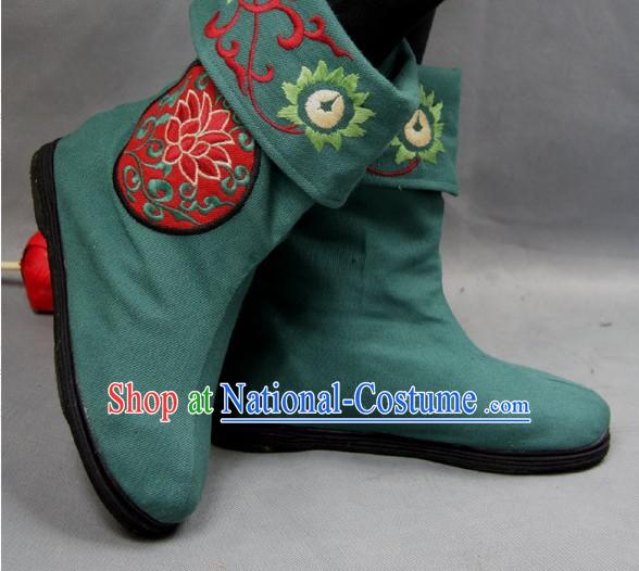 Chinese Green Embroidered Flower Cloth Boots