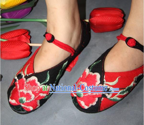 Chinese Classic Black Embroidered Peony Dance Shoes